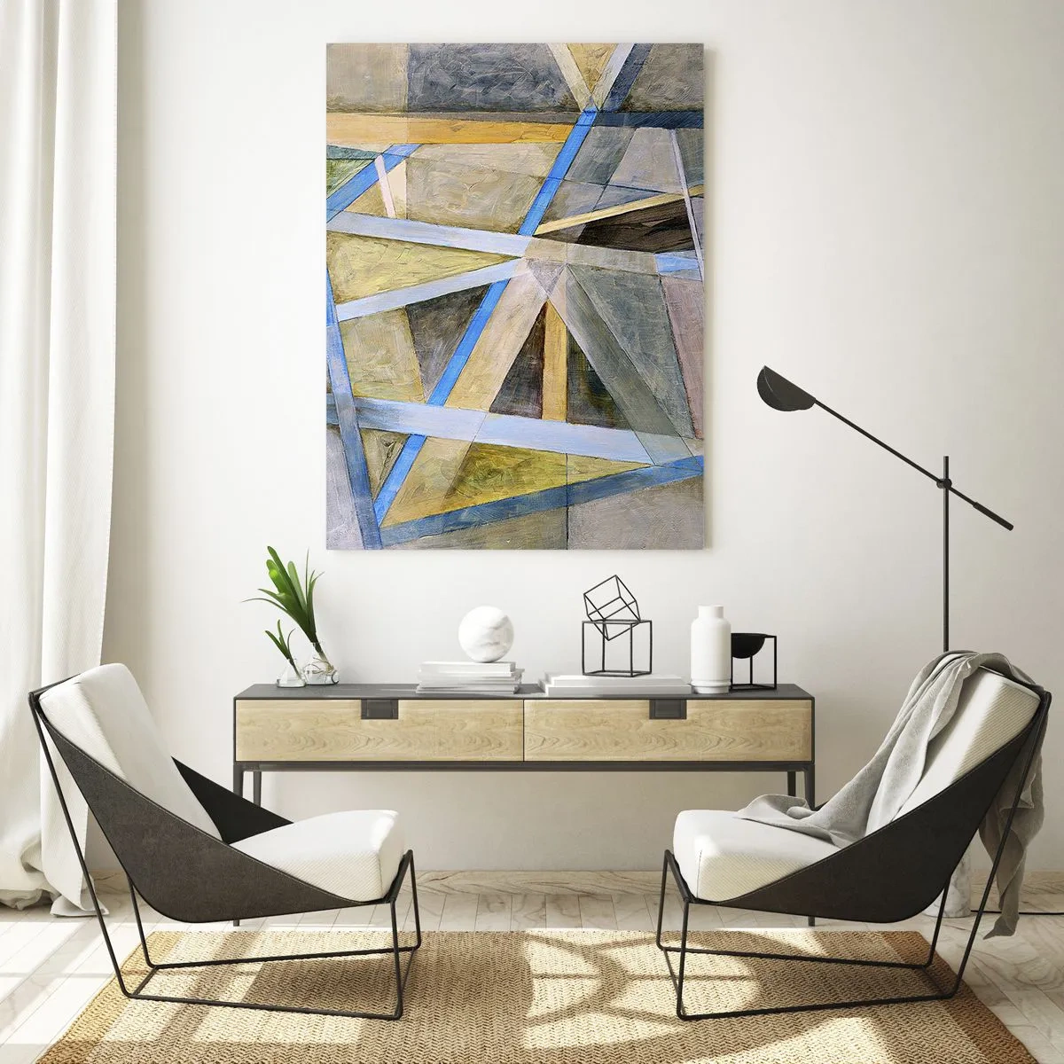 Obraz na szkle - Geometryczna kompozycja z jasnymi i niebieskimi liniami - 70x100cm - Na wprost czy na skos? - Nowoczesna dekoracja ścienna do salonu i sypialni ARTTOR