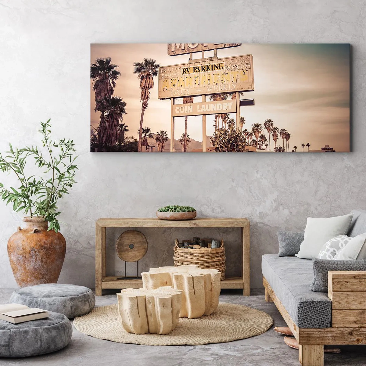 Obraz na płótnie - Retro szyld motelu otoczonego palmami - 140x50cm - Tu czas się zatrzymał - Nowoczesna dekoracja ścienna do salonu i sypialni ARTTOR