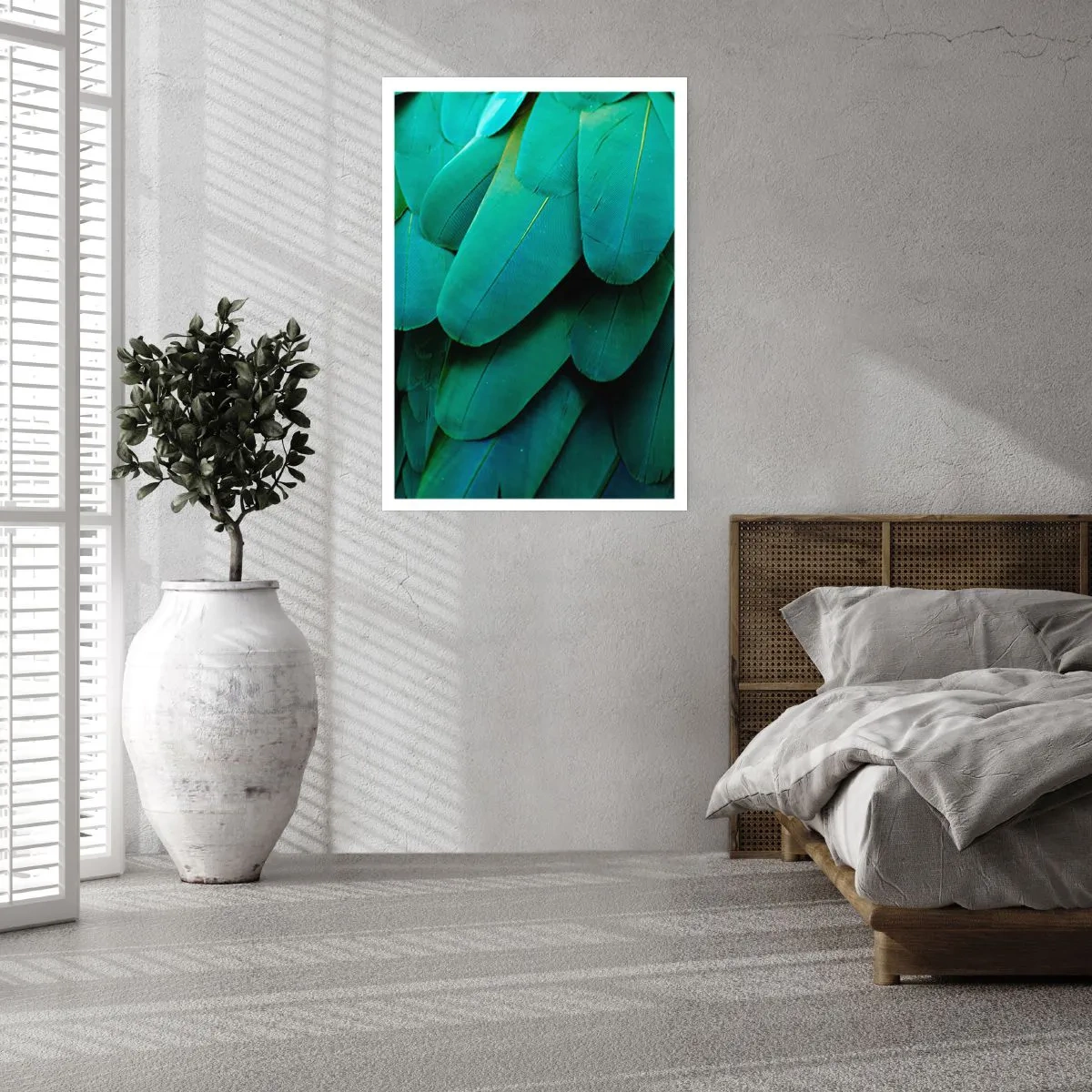 Plakat - Zbliżenie na zielone pióra egzotycznego ptaka - 50x70cm - Precyzja papuziej natury - Nowoczesna dekoracja ścienna do salonu, kuchni i sypialni ARTTOR