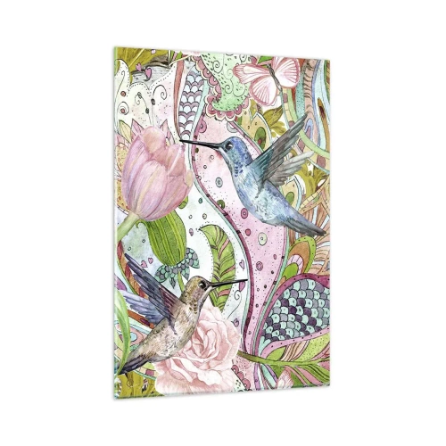 Obraz na szkle - Kolorowe kolibry i motyle wśród roślin - 80x120cm - Wplątane w pnączach - Nowoczesna dekoracja ścienna do salonu i sypialni ARTTOR