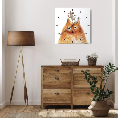 Zegar ścienny - Rysunek kota z myszą na głowie trzymającą serce - 30x30cm - Paradoksy miłości - Nowoczesna dekoracja ścienna do salonu i sypialni ARTTOR