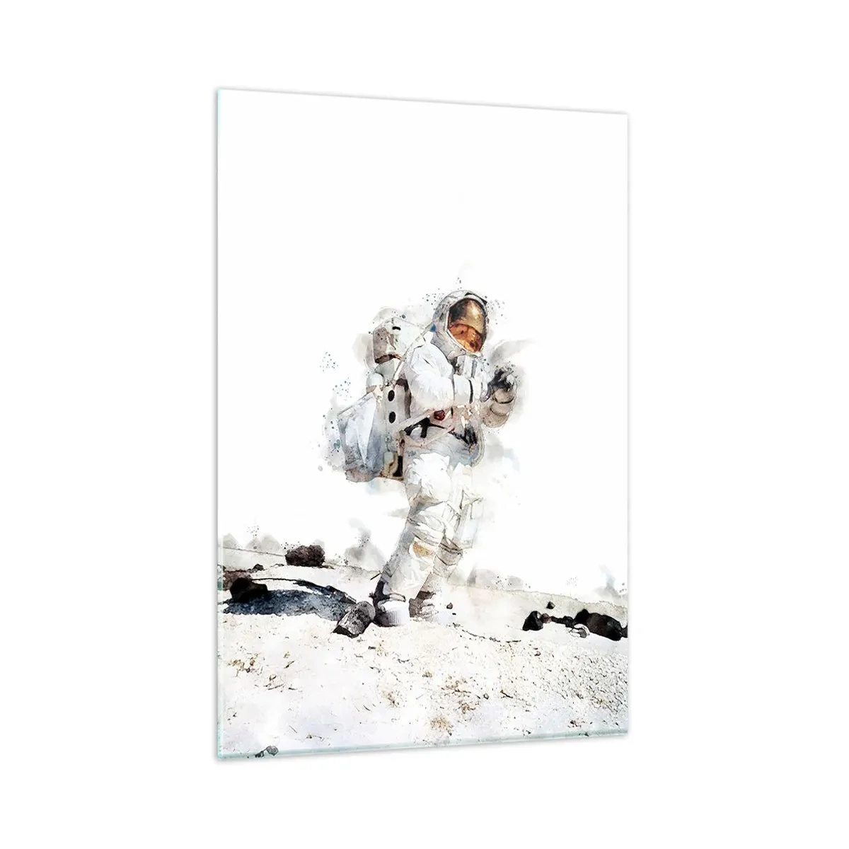 Obraz na szkle - Astronauta na powierzchni Księżyca w białym skafandrze - 80x120cm - Wysłannik Ziemi - Nowoczesna dekoracja ścienna do salonu i sypialni ARTTOR