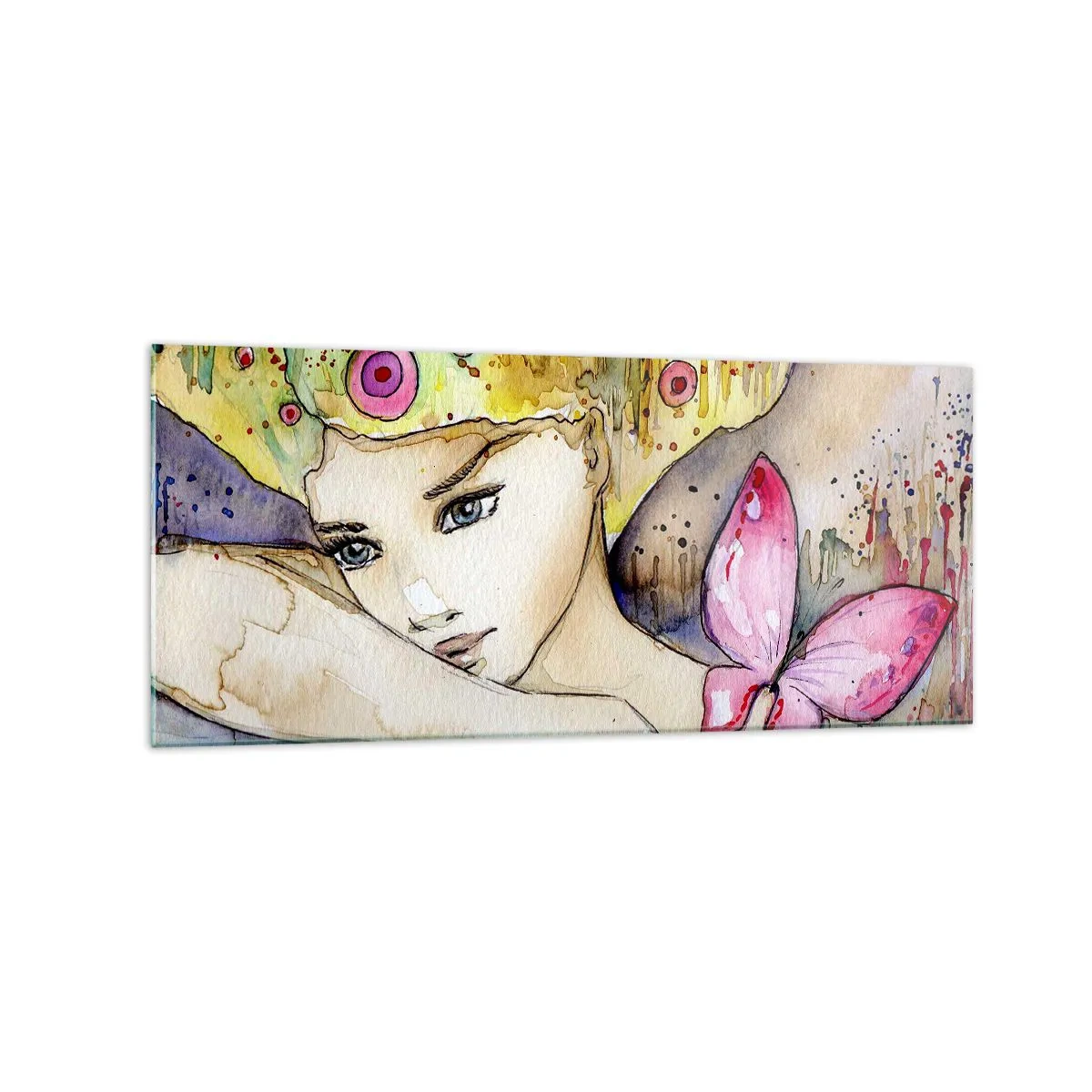 Obraz na szkle - Kobieta z abstrakcyjną fryzurą i różowym motylem - 120x50cm - Motyla księżniczka - Nowoczesna dekoracja ścienna do salonu i sypialni ARTTOR