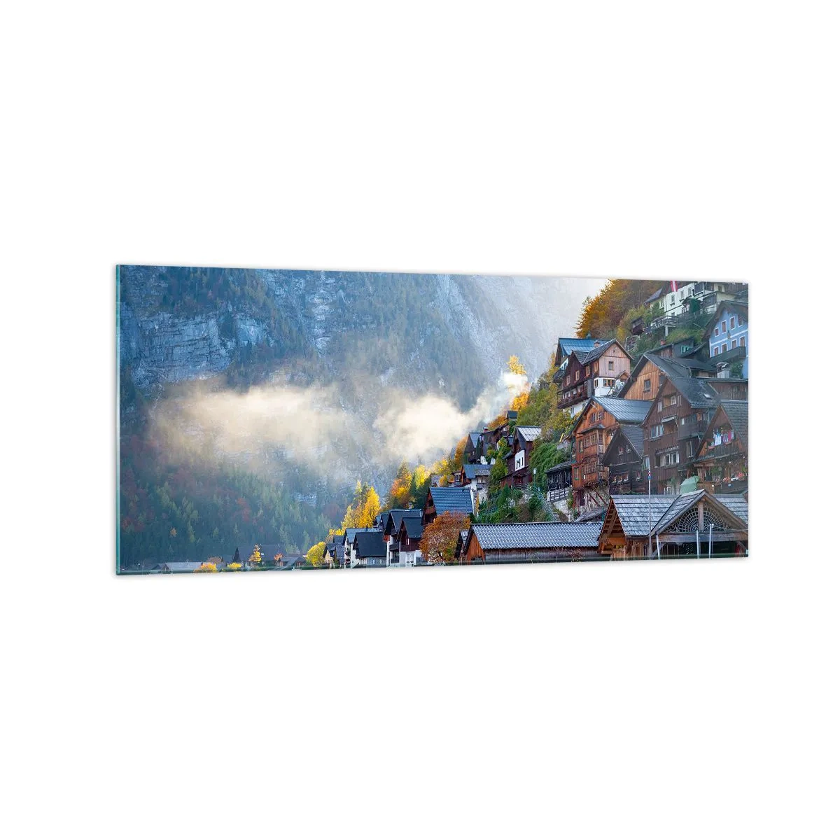 Obraz na szkle - Górska wioska nad jeziorem w jesiennej scenerii - 120x50cm - Alpejskie klimaty - Nowoczesna dekoracja ścienna do salonu i sypialni ARTTOR