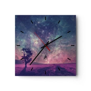 Zegar ścienny - Drzewo na tle gwiaździstego nieba w fioletowo-niebieskich barwach - 30x30cm - Pod magicznym niebem - Nowoczesna dekoracja ścienna do salonu i sypialni ARTTOR