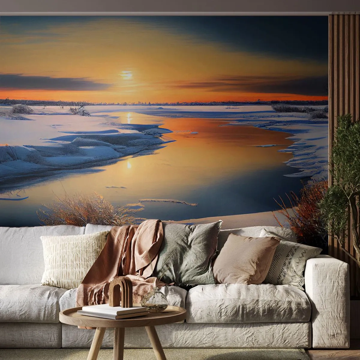 Fototapeta Premium Sand - Zaśnieżona rzeka w blasku zimowego zachodu słońca - 100x70cm - Zimowy zachód słońca - Nowoczesna dekoracja ścienna do salonu, kuchni i sypialni ARTTOR
