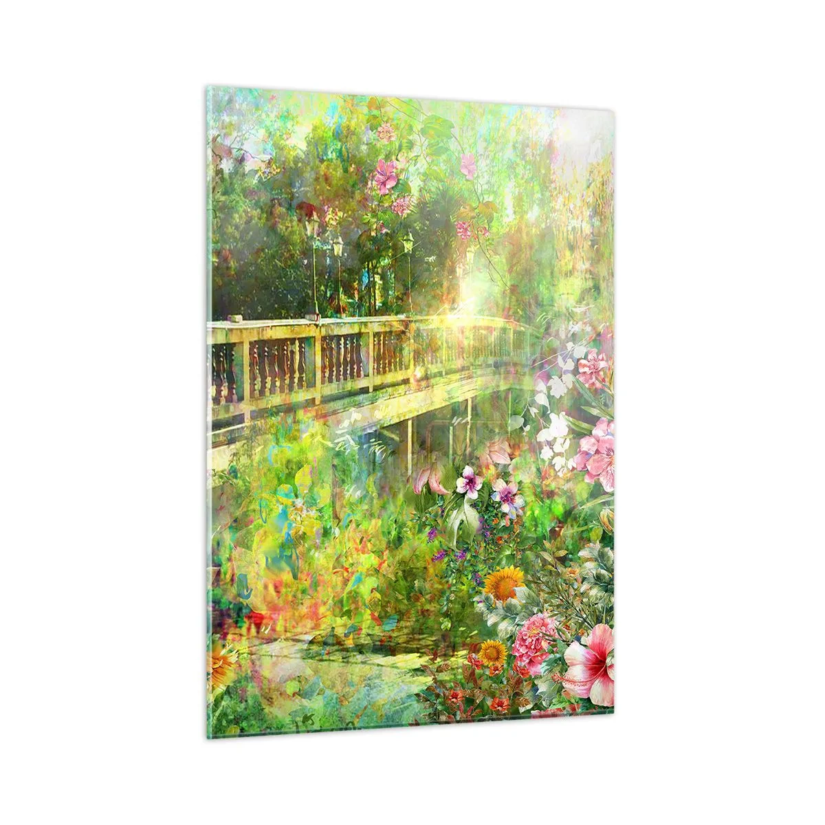 Obraz na szkle - Mostek otoczony bujną roślinnością i kolorowymi kwiatami - 50x70cm - Mostek wiosennych westchnień - Nowoczesna dekoracja ścienna do salonu, kuchni i sypialni ARTTOR