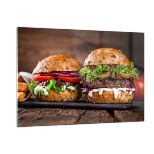 Obraz na szkle - Apetyczne burgery z warzywami i sosem - 120x80cm - American dream - Nowoczesna dekoracja ścienna do salonu, kuchni i sypialni ARTTOR