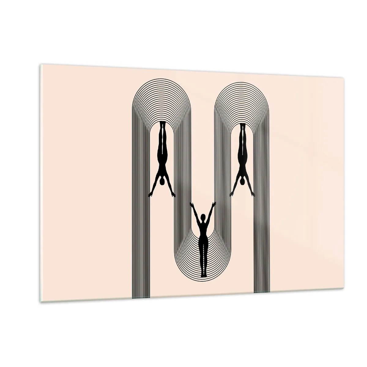 Obraz na szkle - Czarne sylwetki postaci zawieszone w rytmicznych łukach - 120x80cm - Do góry nogami - Nowoczesna dekoracja ścienna do salonu, kuchni i sypialni ARTTOR