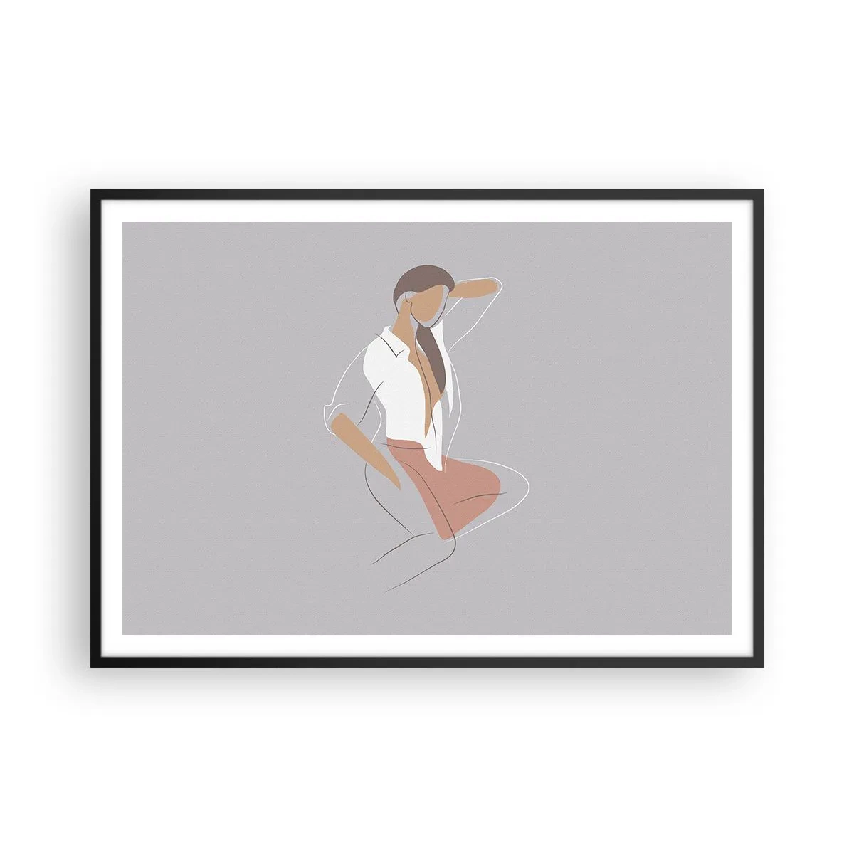 Plakat w czarnej ramie - Minimalistyczny portret kobiety w pastelowych barwach - 100x70cm - Zarys wdzięku - Nowoczesna dekoracja ścienna do salonu i sypialni ARTTOR