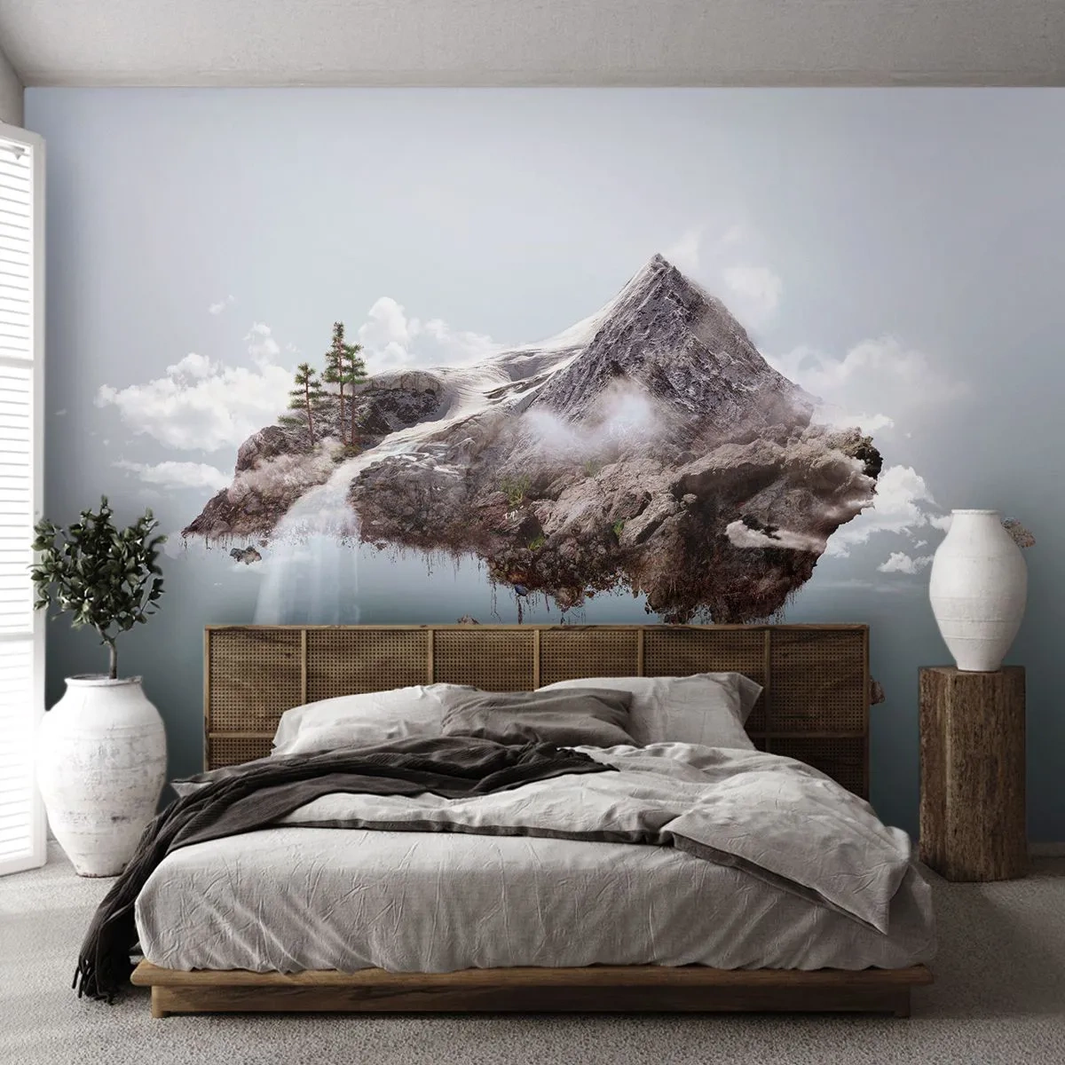 Fototapeta Premium Sand - Latająca górska wyspa z wodospadem w chmurach - 100x70cm - Okiem surrealisty - Nowoczesna dekoracja ścienna do salonu, kuchni i sypialni ARTTOR