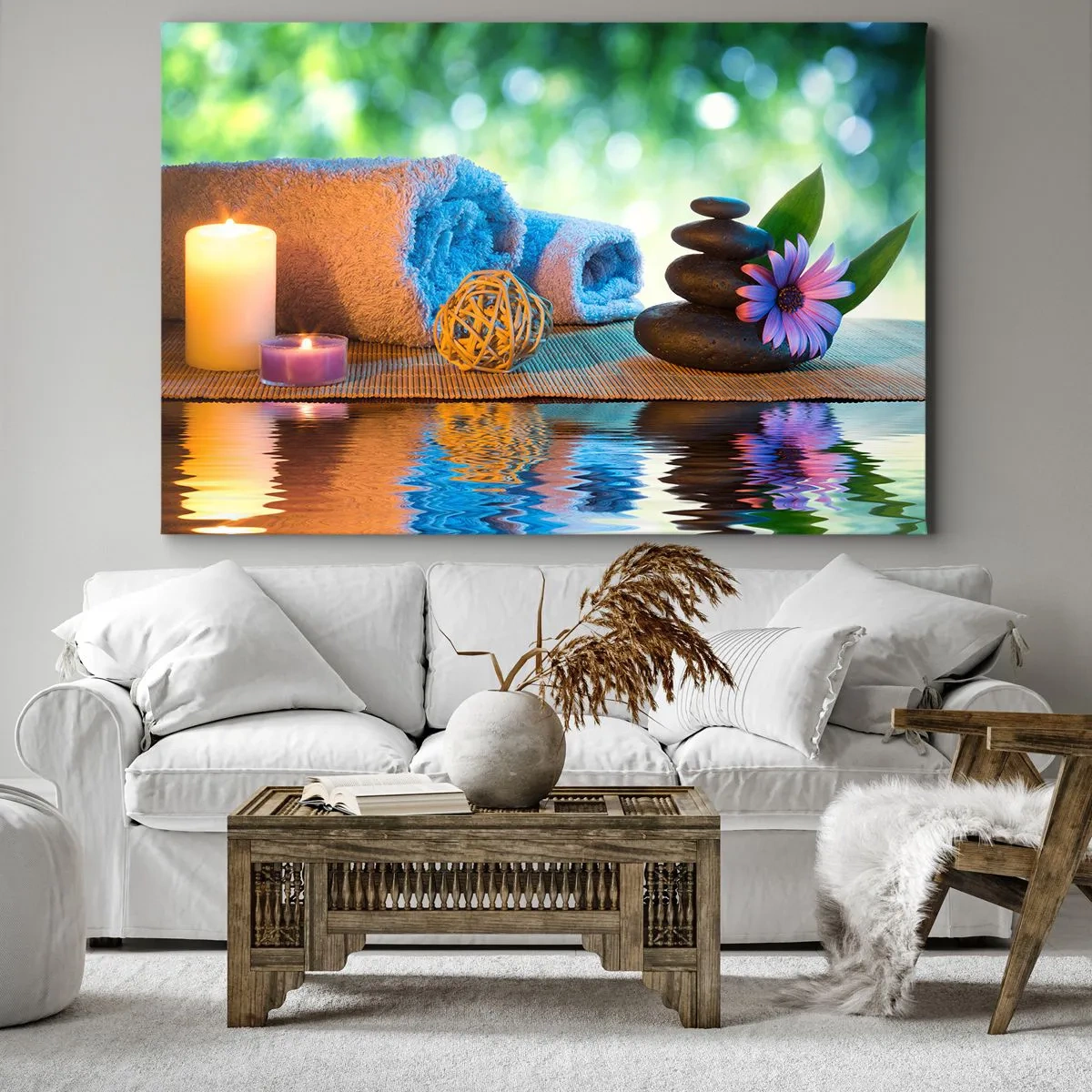 Obraz na płótnie - Relaksacyjny zestaw SPA z ręcznikami, świecami i kamieniami - 70x50cm - Czas dla ciała - Nowoczesna dekoracja ścienna do salonu i sypialni ARTTOR