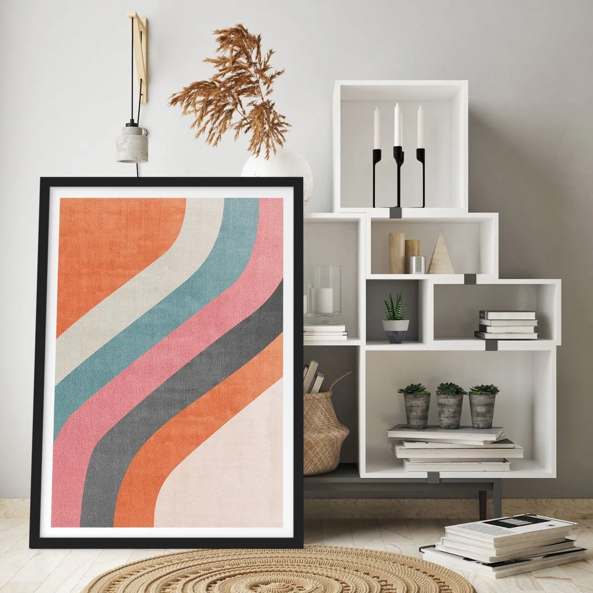Plakat w czarnej ramie - Geometryczne pasy w stylu retro - 50x70cm - Kompozycja diagonalna – ruch - Nowoczesna dekoracja ścienna do salonu i sypialni ARTTOR