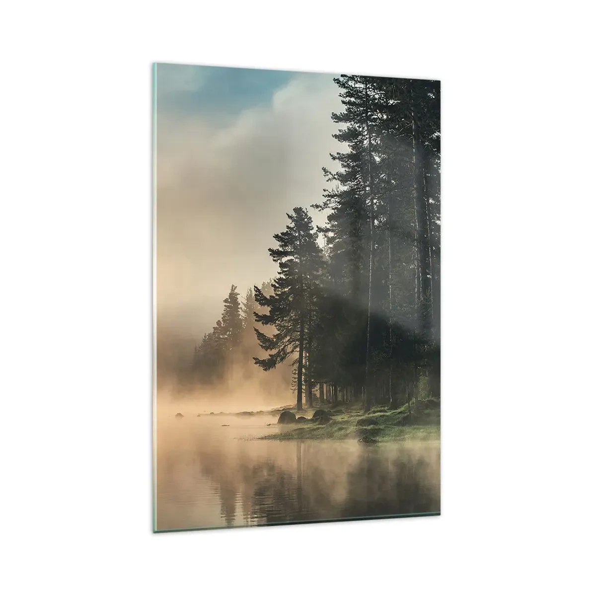 Obraz na szkle - Mglisty las nad spokojnym jeziorem - 80x120cm - Narodziny dnia - Nowoczesna dekoracja ścienna do salonu i sypialni ARTTOR