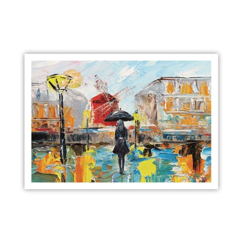 Plakat - Malownicza scena z parasolem na tle Paryża w żywych kolorach - 100x70cm - Paryskie legendy - Nowoczesna dekoracja ścienna do salonu i sypialni ARTTOR