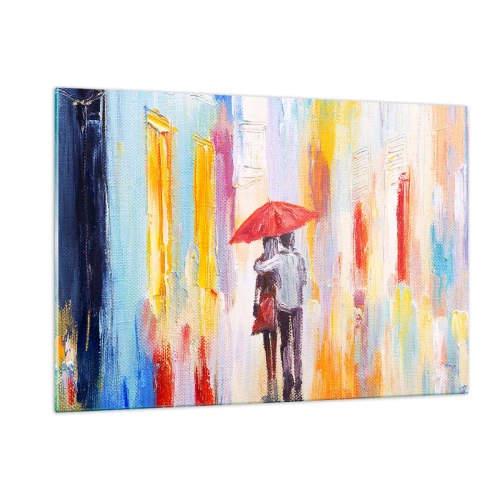 Obraz na szkle - Para trzymająca czerwony parasol w deszczu na tle kolorowej ulicy - 120x80cm - Niech pada dalej - Nowoczesna dekoracja ścienna do salonu, kuchni i sypialni ARTTOR