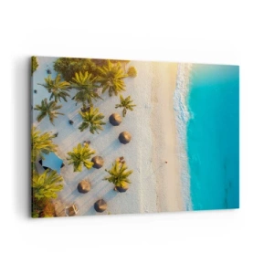 Obraz na płótnie - Widok na tropikalną plażę z palmami i turkusowym morzem - 100x70cm - Witaj w raju - Nowoczesna dekoracja ścienna do salonu, kuchni i sypialni ARTTOR
