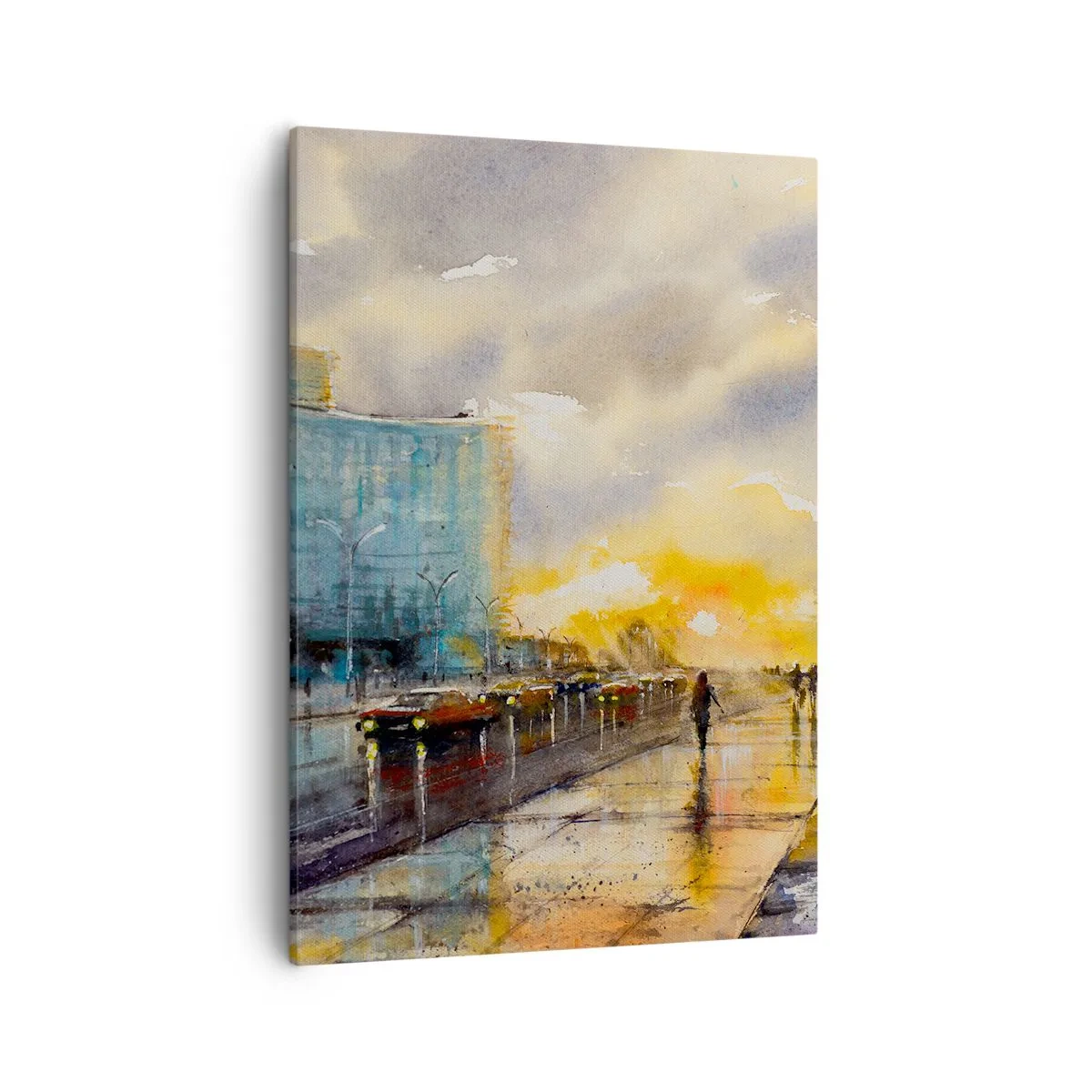 Obraz na płótnie - Akwarelowy pejzaż miejskiej ulicy o zachodzie słońca - 50x70cm - Życie na brzegu - Nowoczesna dekoracja ścienna do salonu, kuchni i sypialni ARTTOR