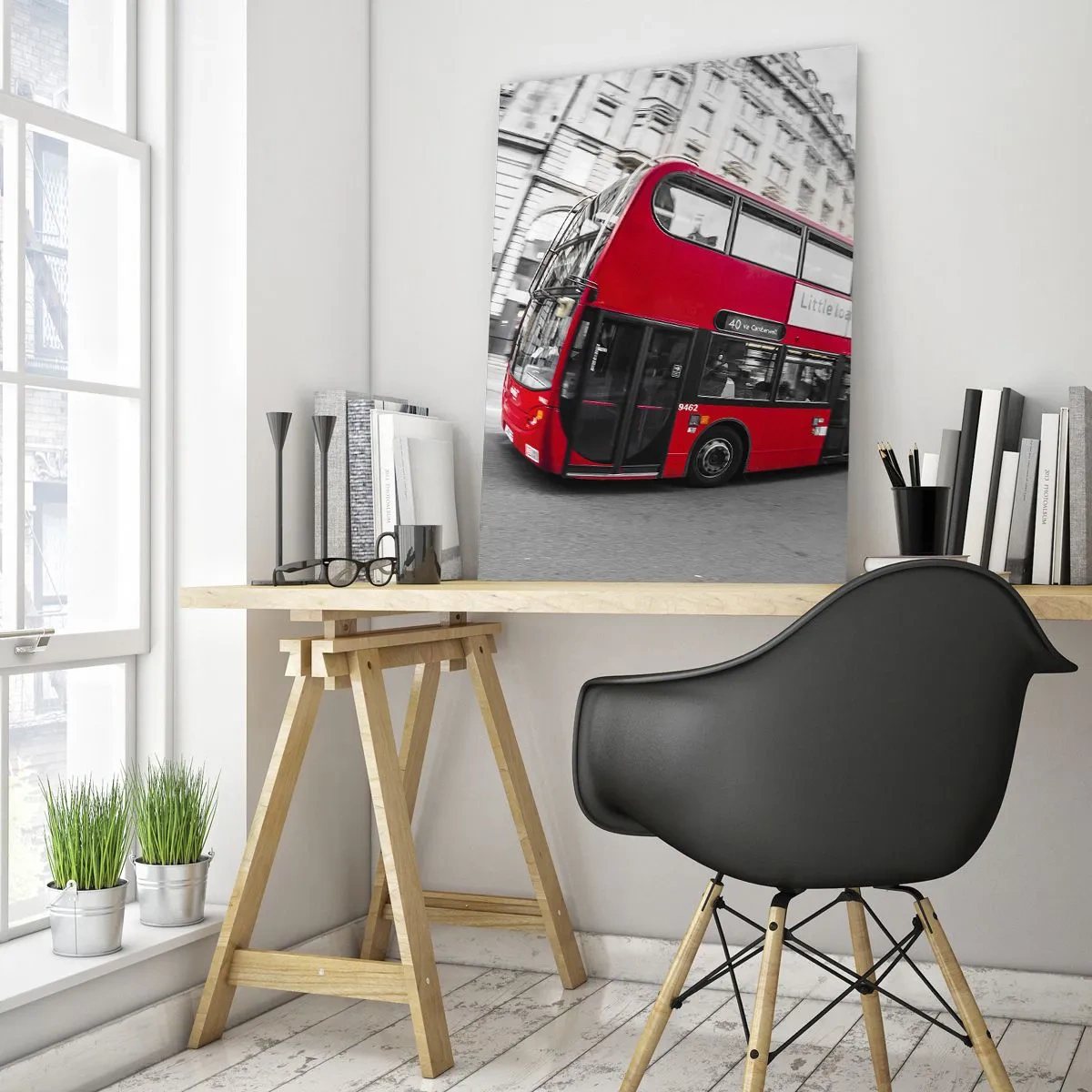 Obraz na szkle - Czerwony autobus w ruchu na tle londyńskich ulic - 50x70cm - Londyn tradycyjnie - by bus - Nowoczesna dekoracja ścienna do salonu, kuchni i sypialni ARTTOR