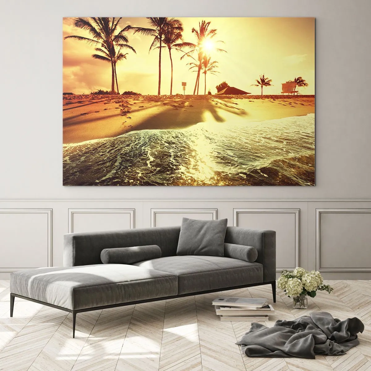 Obraz na szkle - Złota plaża z palmami o zachodzie słońca i spokojnym morzem - 100x70cm - Kalifornijskie popołudnie - Nowoczesna dekoracja ścienna do salonu, kuchni i sypialni ARTTOR