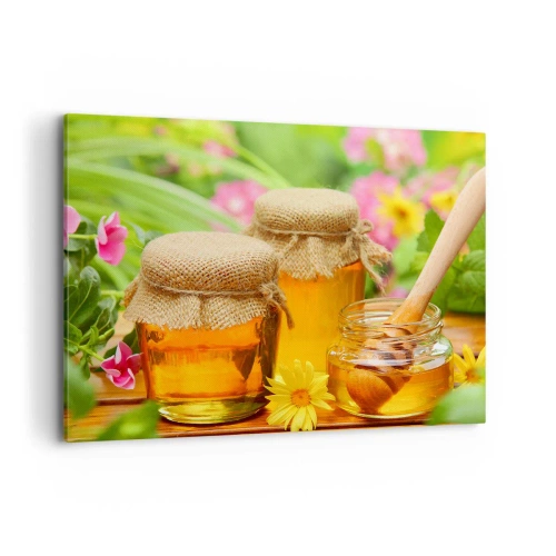 Obraz na płótnie - Słoiki miodu z kwiatami na tle letniego ogrodu - 100x70cm - Słodko i kwiatowo - Nowoczesna dekoracja ścienna do salonu, kuchni i sypialni ARTTOR