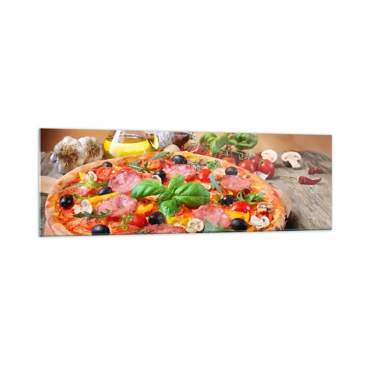Obraz na szkle - Apetyczna pizza na drewnianym stole z dodatkami - 160x50cm - Z prawdziwie włoskim smakiem - Nowoczesna dekoracja ścienna do salonu i sypialni ARTTOR