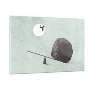 Obraz na szkle - Minimalistyczna scena z człowiekiem lecącym w stronę księżyca - 120x80cm - Spełnione marzenie - Nowoczesna dekoracja ścienna do salonu, kuchni i sypialni ARTTOR