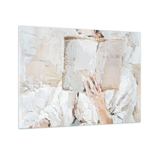 Obraz na szkle - Osoba zatopiona w lekturze książki na jasnym, impresyjnym tle - 70x50cm - W innym świecie - Nowoczesna dekoracja ścienna do salonu i sypialni ARTTOR
