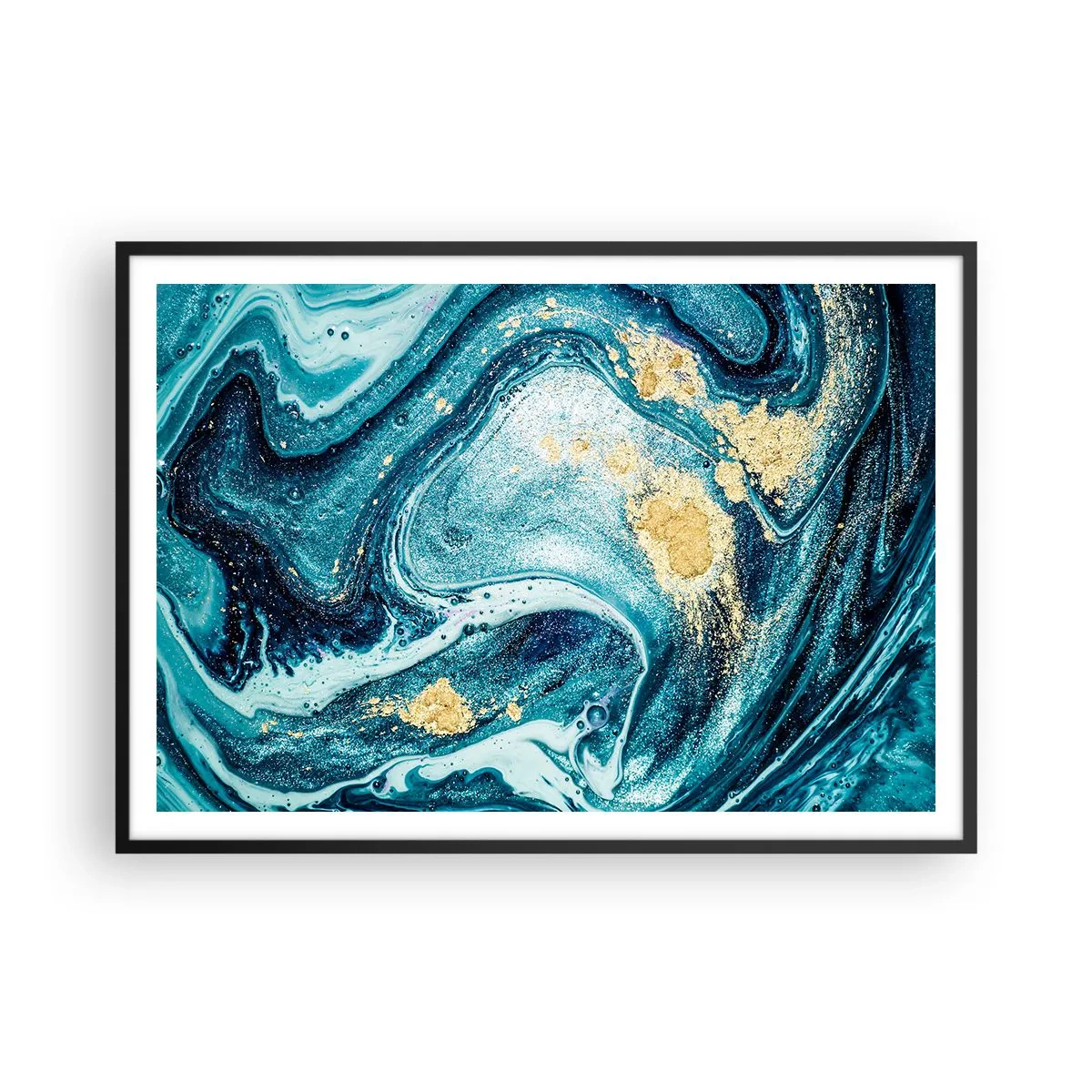 Plakat w czarnej ramie - Abstrakcyjna kompozycja fal i złotych akcentów - 100x70cm - Błekitny wir - Nowoczesna dekoracja ścienna do salonu i sypialni ARTTOR