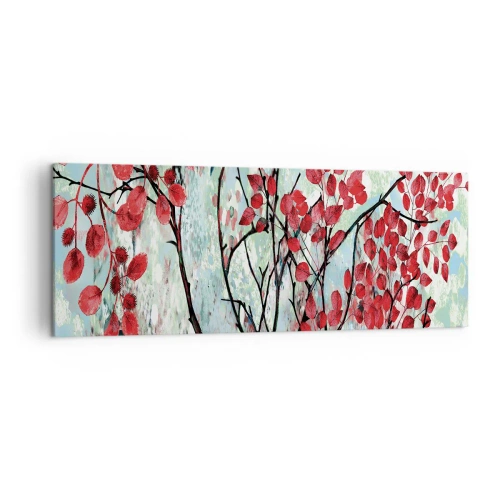 Obraz na płótnie - Czerwone liście na tle jasnego nieba z abstrakcyjnymi wzorami - 140x50cm - Drzewo w szkarłacie - Nowoczesna dekoracja ścienna do salonu i sypialni ARTTOR