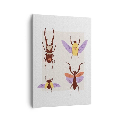Obraz na płótnie - Minimalistyczna ilustracja różnych gatunków chrząszczy na jasnym tle - 50x70cm - Owadzi świat - Nowoczesna dekoracja ścienna do salonu, kuchni i sypialni ARTTOR