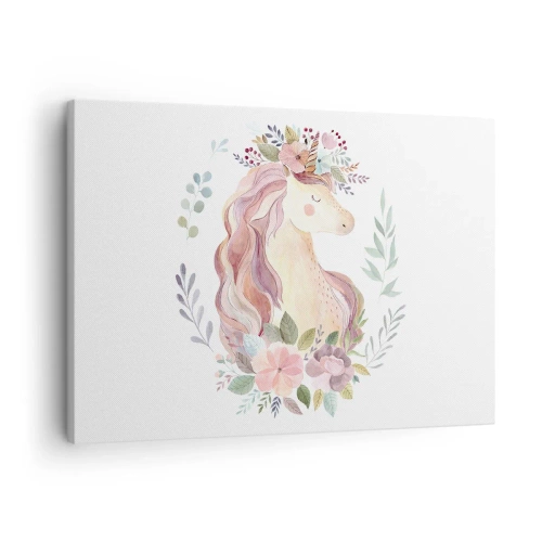 Obraz na płótnie - Jednorożec w pastelowych kolorach otoczony kwiatami - 70x50cm - Zaproszenie do świata baśni - Nowoczesna dekoracja ścienna do salonu i sypialni ARTTOR