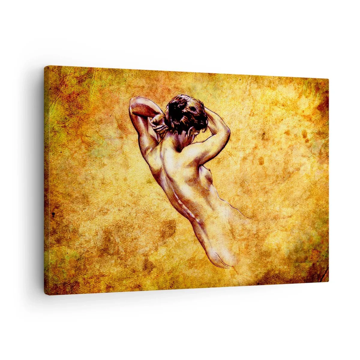 Obraz na płótnie - Artystyczny akt kobiecy na złotym tle w stylu klasycznym - 70x50cm - Odkryta, ale wciąż tajemnica - Nowoczesna dekoracja ścienna do salonu i sypialni ARTTOR