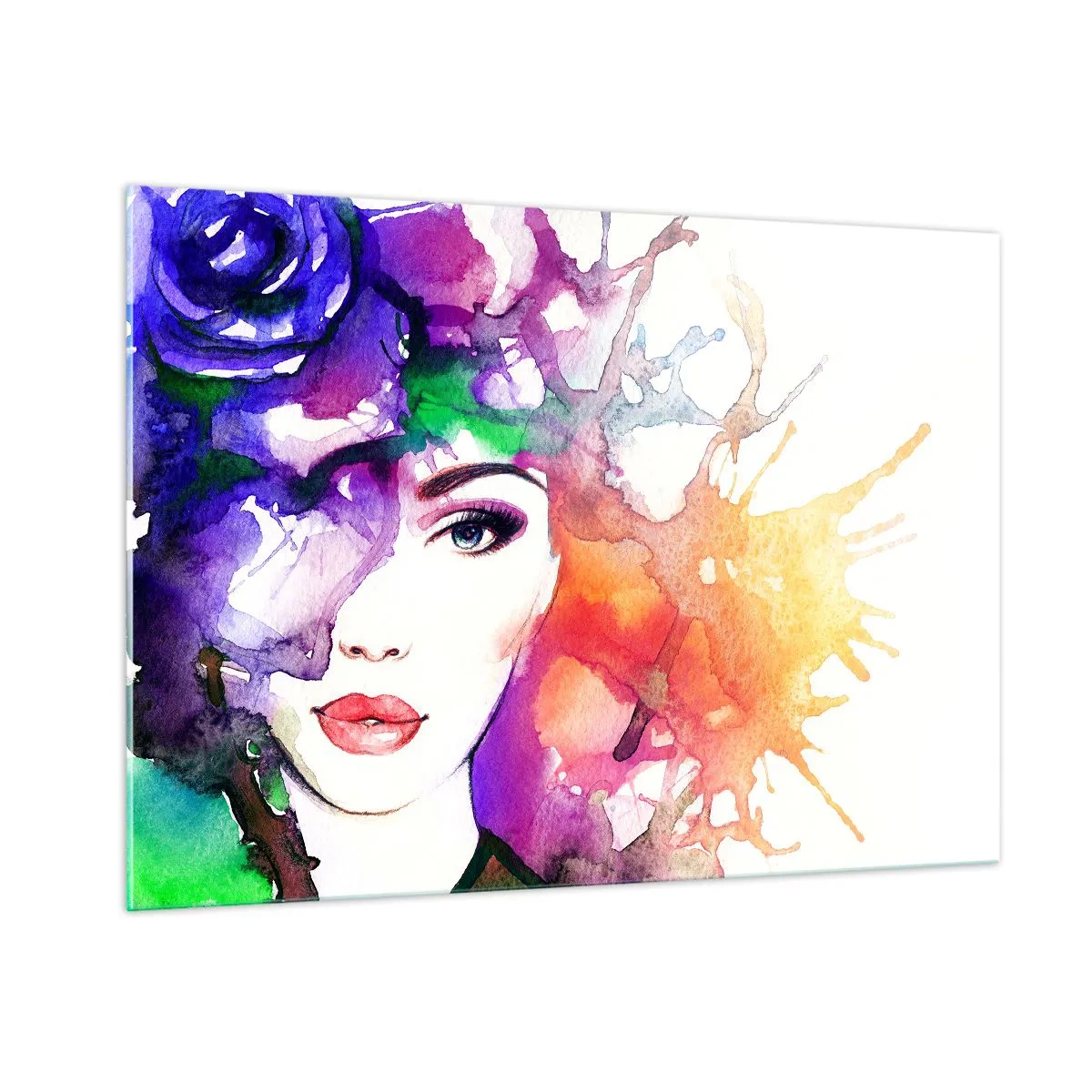 Obraz na szkle - Kobieta z rozmytym, kolorowym tłem w stylu akwarelowym - 100x70cm - Z głową w chmurach - Nowoczesna dekoracja ścienna do salonu, kuchni i sypialni ARTTOR