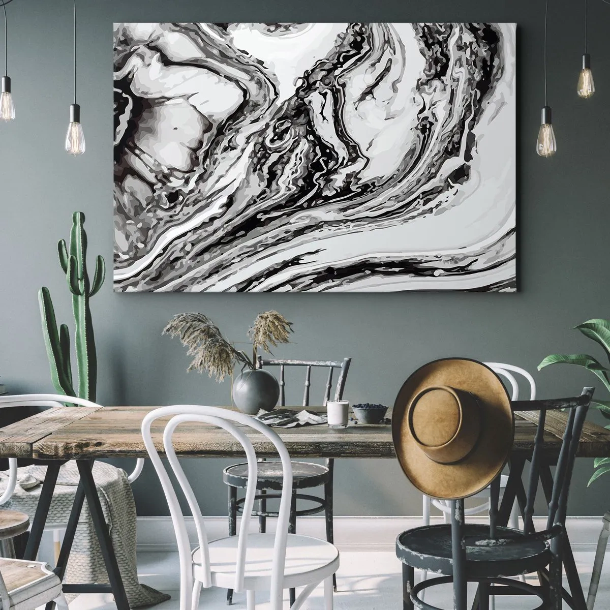 Obraz na płótnie - Abstrakcyjny marmurkowy wzór w czerni i bieli - 120x80cm - Na poczatku był chaos - Nowoczesna dekoracja ścienna do salonu, kuchni i sypialni ARTTOR