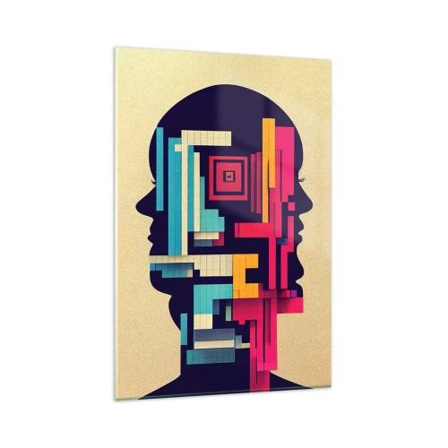 Obraz na szkle - Abstrakcyjna ilustracja dwóch ludzkich sylwetek w geometrycznym stylu - 80x120cm - Nowe więzi - Nowoczesna dekoracja ścienna do salonu i sypialni ARTTOR