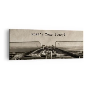 Obraz na płótnie - Maszyna do pisania z napisem What’s Your Story? - 140x50cm - Opowiedz mi - Nowoczesna dekoracja ścienna do salonu i sypialni ARTTOR
