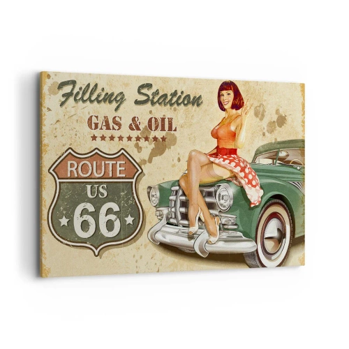 Obraz na płótnie - Plakat retro Route 66 z pin-up dziewczyną i samochodem - 120x80cm - Wspaniałe lata 40. - Nowoczesna dekoracja ścienna do salonu, kuchni i sypialni ARTTOR