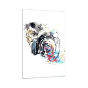 Obraz na szkle - Akwarela aparatu fotograficznego z kolorowymi detalami - 80x120cm - W oku obiektywu - Nowoczesna dekoracja ścienna do salonu i sypialni ARTTOR