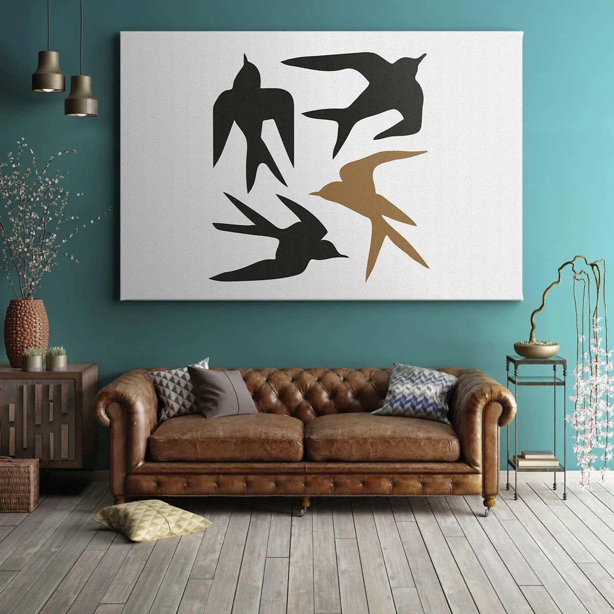 Obraz na płótnie - Sylwetki jaskółek w czerni i złocie - 100x70cm - Jaskółcze zabawy - Nowoczesna dekoracja ścienna do salonu, kuchni i sypialni ARTTOR