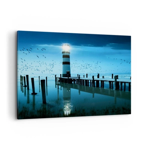 Obraz na płótnie - Latarnia morska przy molo oświetlona nocą - 100x70cm - I nie boisz się ciemności - Nowoczesna dekoracja ścienna do salonu, kuchni i sypialni ARTTOR