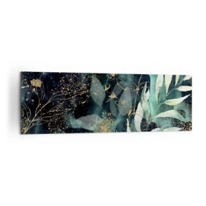 Obraz na płótnie - Eleganckie liście na ciemnym tle z złotymi akcentami - 160x50cm - Zaczarowany ogród - Nowoczesna dekoracja ścienna do salonu i sypialni ARTTOR