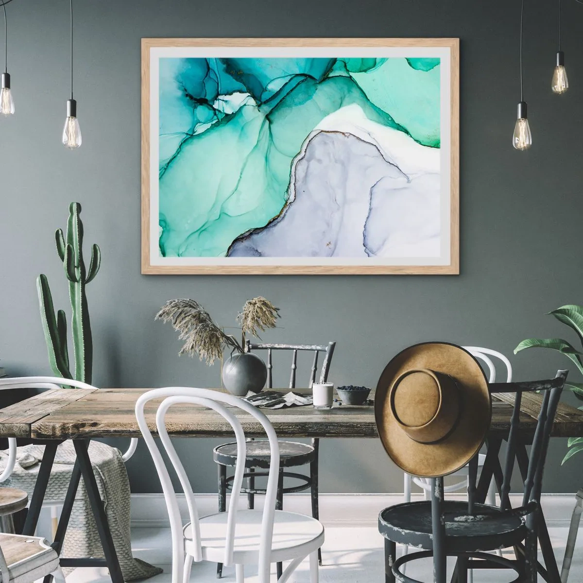 Plakat w ramie jasny dąb - Studium w turkusie - 100x70 cm