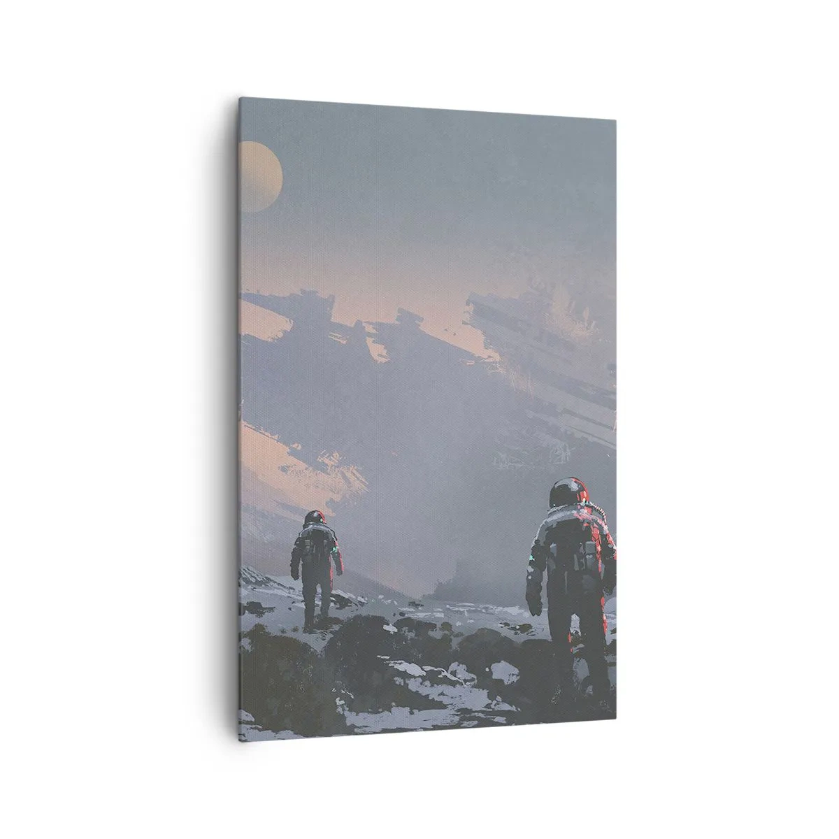 Obraz na płótnie - Astronauci na obcej planecie z wrakiem statku kosmicznego - 80x120cm - Pod nieznaną gwiazdą - Nowoczesna dekoracja ścienna do salonu i sypialni ARTTOR