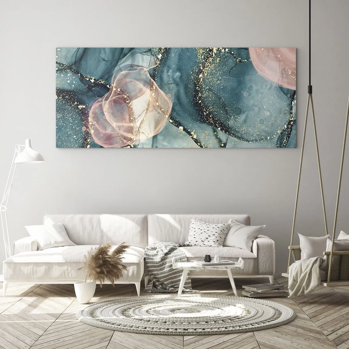 Obraz na szkle - Abstrakcyjna kompozycja w odcieniach turkusu i złota - 120x50cm - Jedwabny błękit, tiulowy róż - Nowoczesna dekoracja ścienna do salonu i sypialni ARTTOR