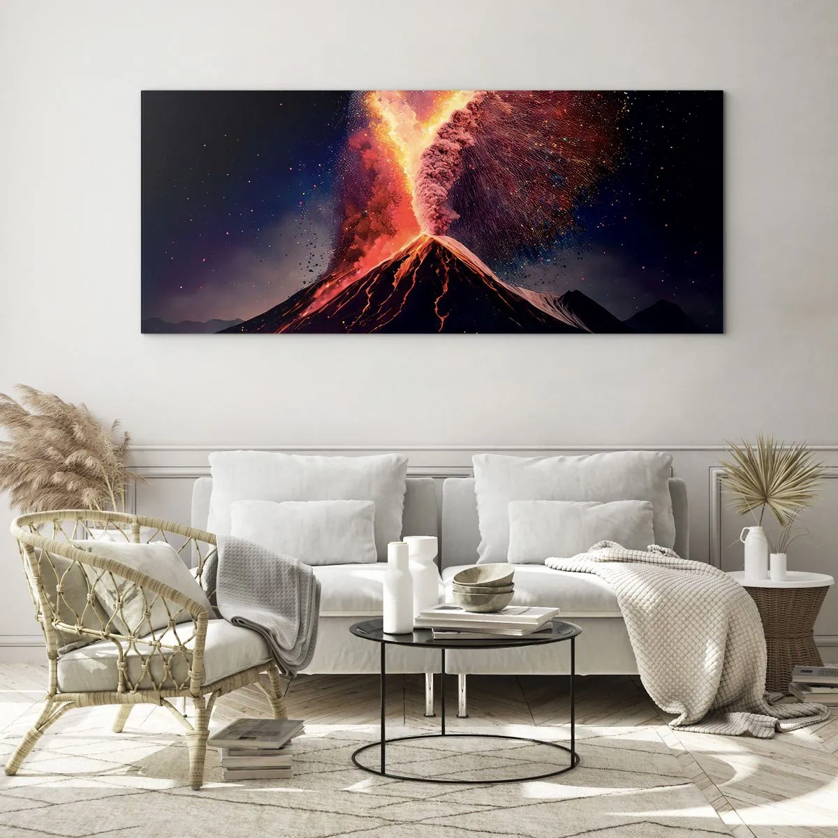 Obraz na szkle - Wyjątkowa erupcja wulkanu w nocy z dynamicznymi kolorami - 120x50cm - Piękno i groza - Nowoczesna dekoracja ścienna do salonu i sypialni ARTTOR