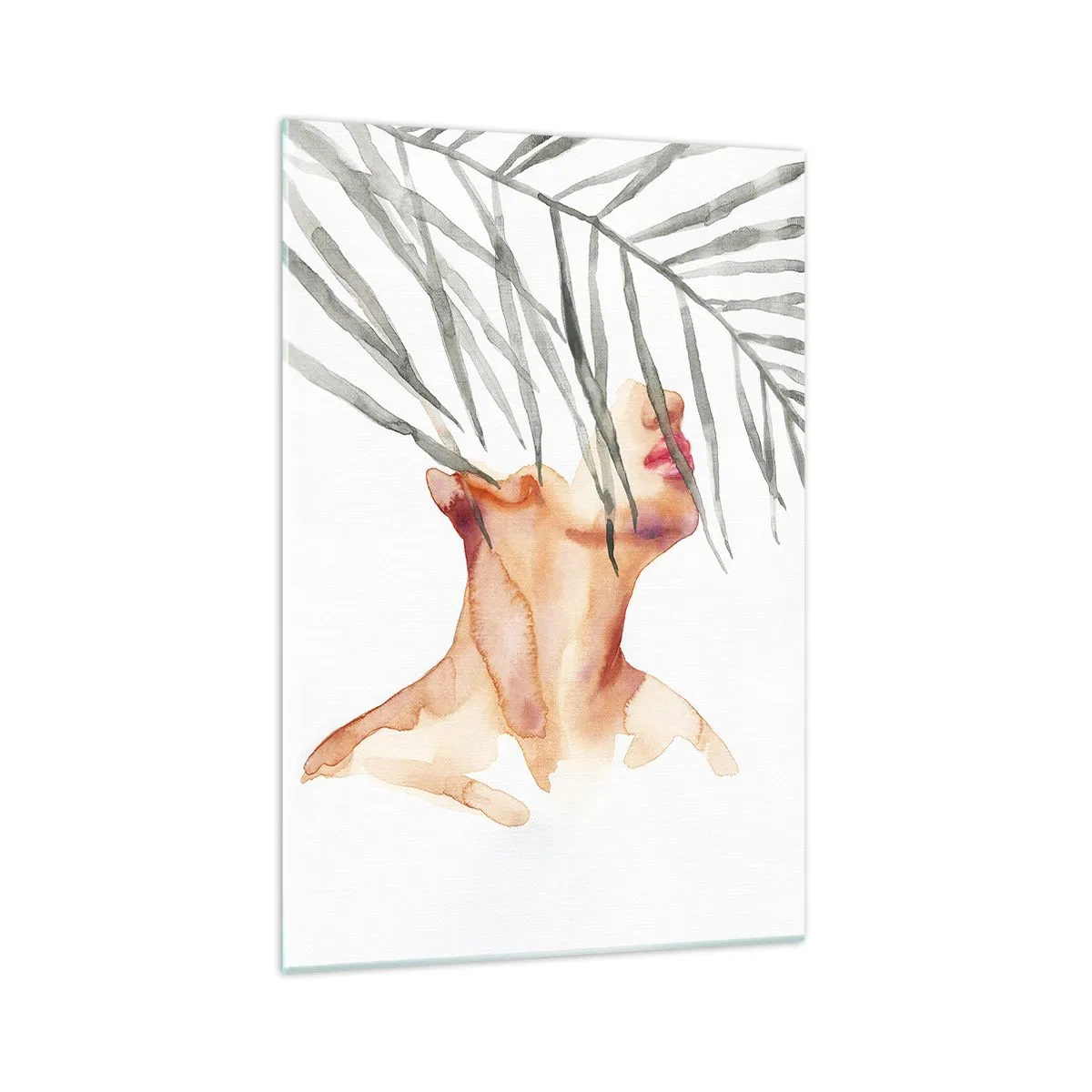 Obraz na szkle - Akwarelowa sylwetka kobiety z gałęzią palmy zasłaniającą twarz - 70x100cm - Poczuć puls tropików - Nowoczesna dekoracja ścienna do salonu i sypialni ARTTOR