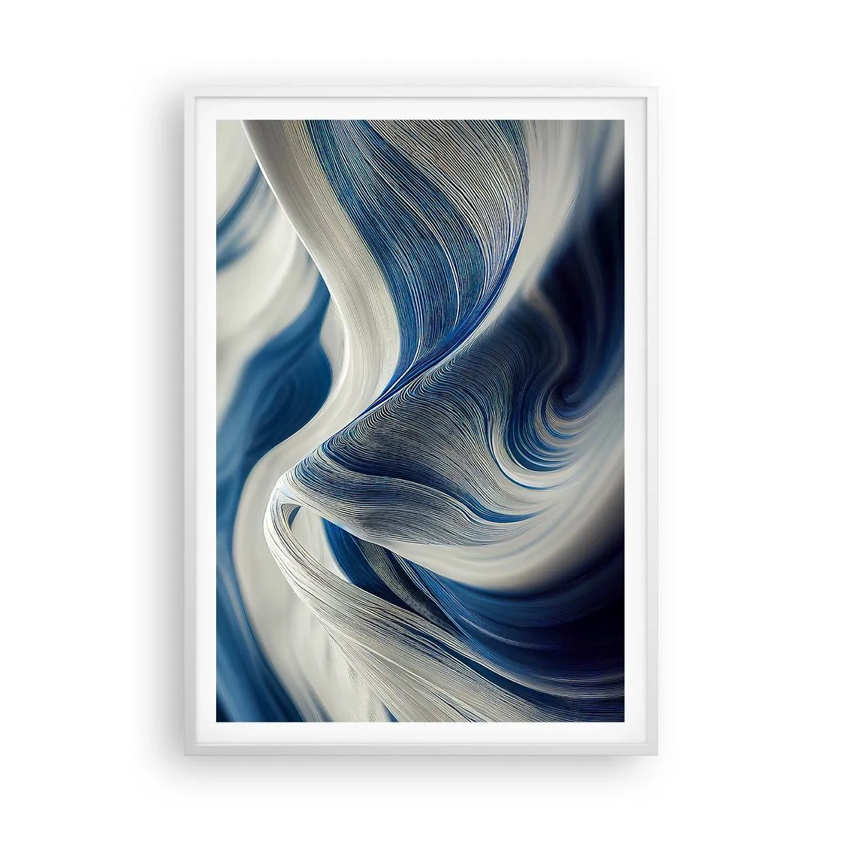Plakat w białej ramie - Płynność błękitu i bieli - 70x100 cm