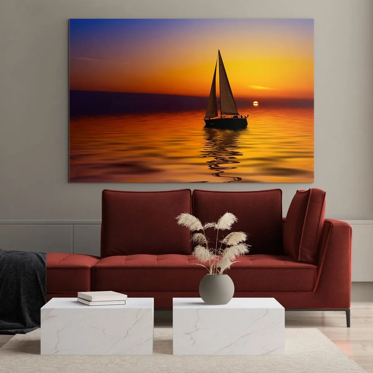 Obraz na szkle - Żaglówka na wodzie o zachodzie słońca - 120x80cm - Jak tu cicho o zmierzchu… - Nowoczesna dekoracja ścienna do salonu, kuchni i sypialni ARTTOR