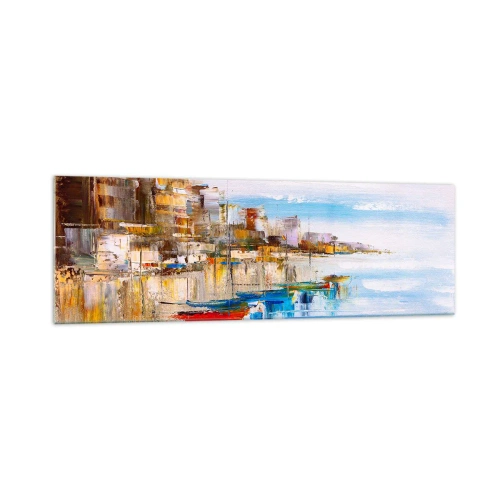 Obraz na szkle - Kolorowe łodzie przy brzegu z widokiem na miejską panoramę - 160x50cm - Wielobarwna miejska przystań - Nowoczesna dekoracja ścienna do salonu i sypialni ARTTOR
